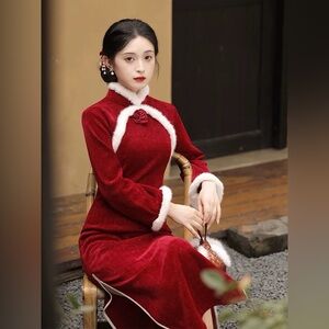 Chic Red Long Sleeve Dress with White Accents